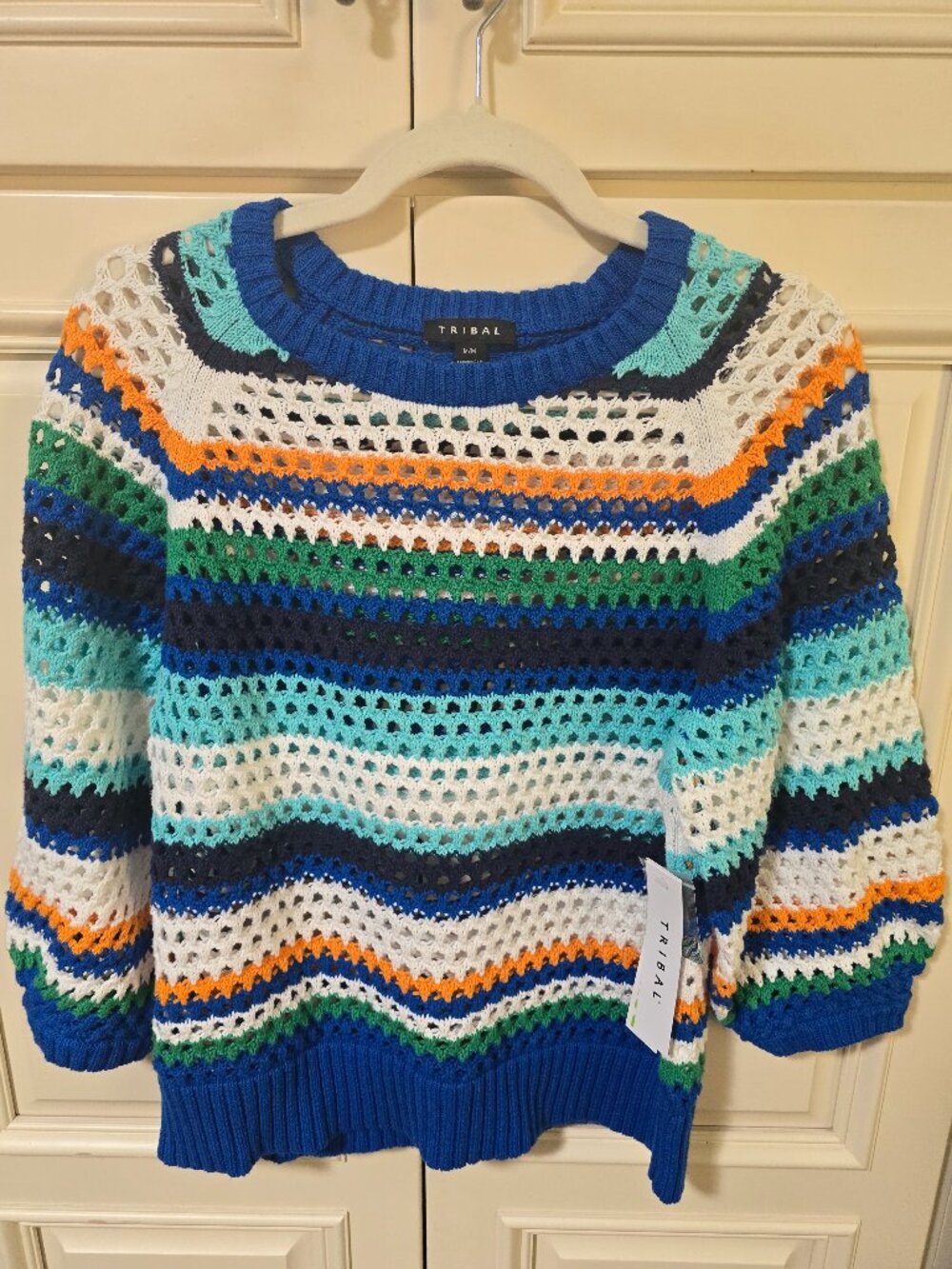 NWT Tribal Striped Open Knit Crew Neck Sweater Riviera Blue M